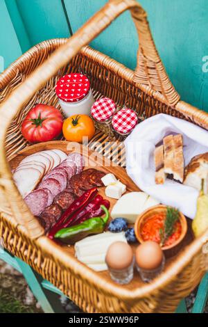 Korb mit frischen Produkten, Käse, Brot und hausgemachten Aufstrichen. Stockfoto