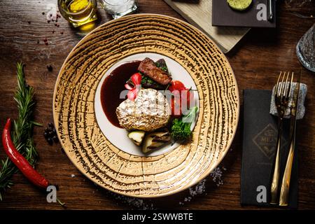 Vergoldetes Rindersteak mit gegrilltem Gemüse, Kirschtomaten und einer reichhaltigen Sauce. Gourmet-Gericht garniert mit essbaren Blumen, serviert auf einem eleganten Stockfoto