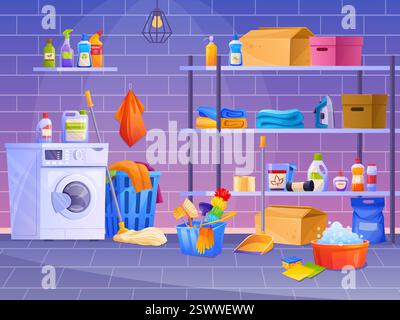 Waschraum innen. Haus Keller mit Waschtrockner Maschine, voller Korb schmutzige Kleidung oder auf Regalen, Waschmittelbox Treppe im Haus Keller zum Waschen, aufgeräumte Vektor Illustration Original Kunstwerk Stock Vektor