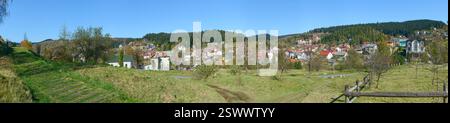 Panorama in Richtung Nachbarschaft Stav und nordöstliche Hügel vom Panteleimon Park aus am westlichen Ende der Lesya Ukrainka Street, Skhidnytsia, Ukraine Stockfoto