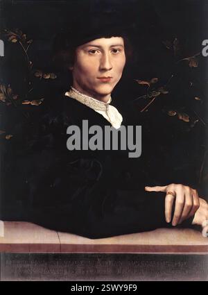 HOLBEIN, Hans der Jüngere (* 1497, Augsburg, d. 1543, London) Portrait of Derich Born 1533 Oil on Oil on Oak, 60,3 x 45,1 cm Royal Collection, Windsor fiktive Inschrift auf der Steinbrüste unter der Kante: DERICHVS SI VOCEM ADDAS IPSISSIMVS HIC SIT/HVNC DVBITES PICTOR FECERIT AN GENITOR/DER BORN ETATIS SVAE 23. ANNO 1533 [hier ist Derich selbst: Füge Stimme hinzu und du könntest bezweifeln, ob der Maler oder sein Vater ihn erschaffen haben. Der gebürtige 23 Jahre, Jahr 1533] Hans Holbein der Jüngere kehrte 1532 nach England zurück, um dort einen zweiten und längeren Besuch zu machen, gekennzeichnet durch eine Reihe von Porträts deutscher Kaufleute Stockfoto