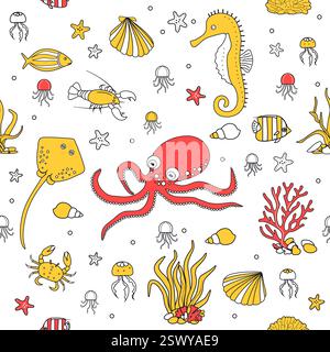 Vektor nahtlose Muster Illustration Meeresalgen Korallenfisch Stachelrochen Seahorse Qualle Muschel Krabbe Unterwasserwelt des Ozeans Meeresboden Meeresboden Stock Vektor