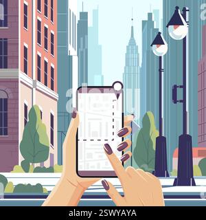 Vektorillustration Spaziergang durch die Stadt. Navigation. Hände halten das Handy und zeichnen die bewegliche Route auf dem Telefonbildschirm. Stadtplan. Lage Reise L Stock Vektor