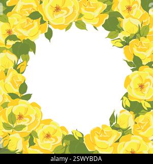 Quadratischer Vektorrahmen mit gelben Rosenblüten und Blättern auf weiß. Sommerblumen für Hochzeitskarte, romantischen valentinstag, Grußkarte, Einladung oder Poster. Stock Vektor
