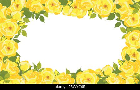 Vektor rechteckiger horizontaler Rahmen mit gelben Rosenblüten und Blättern auf weiß. Sommerblumen für Hochzeitskarte, romantischen valentinstag, Grußkarte, Einladung oder Poster. Stock Vektor