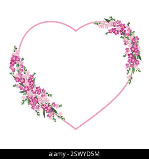Herzförmiger Rahmen mit Frühlingsblumen. Rosafarbene Vergissmeinnots für Muttertag und Valentinstag. Vektorabbildung. Hochzeitsvorlage. Stock Vektor