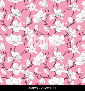 Nahtloses Blumenmuster mit weißen Anis-Magnolienblüten, Blättern und Zweigen auf rosa Hintergrund. Vintage Vektor Ornament Vorlage für Stoff, Drucke, Grußkarten, Verpackungspapier, Textil. Stock Vektor
