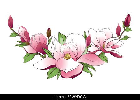 Magnolienzweig isoliert auf transparentem Hintergrund. Frühlingsrosa Blüten, Knospen und Blätter. Vektor-Illustration zum Erstellen von Hochzeitseinladungen, Glückwunsch zum Internationalen Frauentag. Stock Vektor