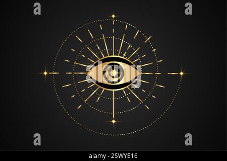 Goldenes Auge der Vorsehung, Heilige Spirale, Freimaurersymbol. Alle sehenden Augen, mystische Logo-Ikone im Boho-Stil, goldenes Luxusdesign Alchemie-Element, Vektor Stock Vektor