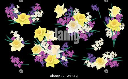 Eine Reihe von Vektorsträußen und Kompositionen von Frühlingsblumen. Weiße, lila und rosa Hyazinthen und gelbe Narzissen. Das Konzept der Gestaltung von Postkarten und Einladungen. Hochzeitsclip Art. Stock Vektor