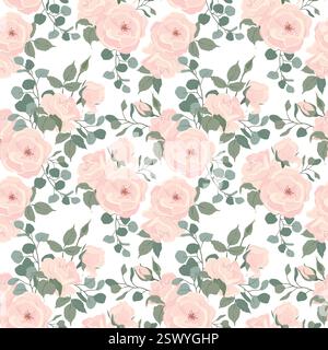 Nahtloses Vektormuster mit cremigen Rosen und Blättern. Blumenmuster für Tapeten oder Stoff, Textil. Beige Sommerblumen und grünes Laub auf weißem Hintergrund. Stock Vektor