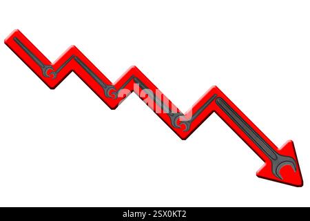 Die Wirtschaft ist rückläufig. Ein roter Pfeil geht nach unten, gefüllt mit Schraubenschlüsseln, ein Symbol für den Abschwung in Handwerk und Industrie. Stockfoto