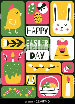 Frohe Ostertage. Geometrischer Hintergrund, Osterkarte, Bannerdesign. Bento-Gitterdesign. Perfekt für Poster, Cover oder Postkarten. Vektorabbildung Stock Vektor