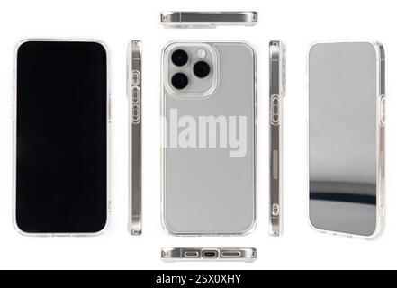 Smartphone in transparenter Abdeckung verschiedene Ansichten isoliert auf Studiohintergrund Stockfoto