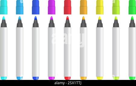 Leuchtend farbige Markierungen, die in einer geraden Linie angeordnet sind. Vektorabbildung Stock Vektor