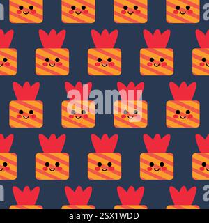 Nahtloses Muster von Geschenken mit gestreiften Gesichtern und Blättern. Stock Vektor