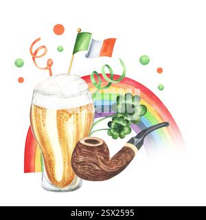 Bierglas, Regenbogen, Rauchpfeife, Klee, irische Flagge. Handgezeichnete Abbildung . Feier des St.. Patrick's Day. Zusammensetzung der Feiertagssymbole Stockfoto