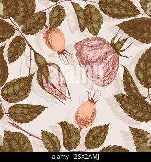 Wilde Rosenblüten Zeichnung und Zeichnung mit Pointillismus. Vintage-Muster von Zweigen mit Hagebuttenfrüchten und Blättern. Stock Vektor