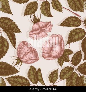 Wilde Rosenblüten Zeichnung und Zeichnung mit Pointillismus. Vintage-Muster von Zweigen mit Hagebuttenfrüchten und Blättern. Stock Vektor