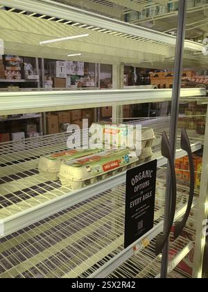 New York City, New York, Usa. Februar 2025. Leere Regale, die normalerweise auf dem Whole Foods Market in Chelsea in Manhattan mit Eiern bestückt werden. Gegenwärtig herrscht in den Vereinigten Staaten aufgrund der Vogelgrippe-Epidemie eine Eierknappheit, die zu hohen Preisen und Schwierigkeiten bei der Beschaffung von Eiern für Verbraucher und Unternehmen geführt hat, die auf sie angewiesen sind. Quelle: Adam Stoltman/Alamy Live News Stockfoto