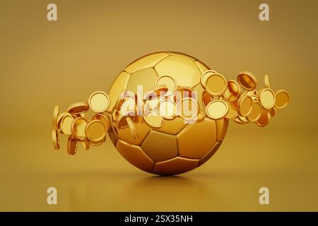 Goldener Fußball / Fußball, umkreist von einem Ring aus goldenen Münzen auf einem goldenen nahtlosen Hintergrund. Konzept: Big Business in Sport, Fußball, Fußball, tr Stockfoto