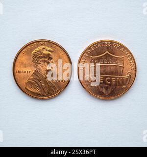 Stillleben der Vorder- und Rückseite einer amerikanischen 1-Cent-Münze aus dem Jahr 2000 Stockfoto
