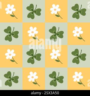 Grooviges nahtloses Karomuster mit süßem Blumen- und Kleeblatt. Handgezeichnete Vektorillustration im Retro-Stil. Stock Vektor