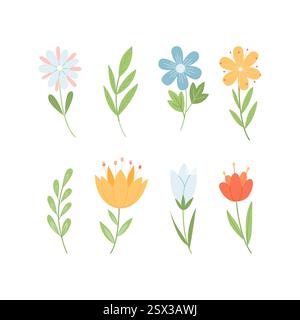 Handgezeichnetes Frühlings-Wildblumen-Set. Blumen und Zweige isoliert auf weißem Hintergrund. Vektorabbildung Stock Vektor