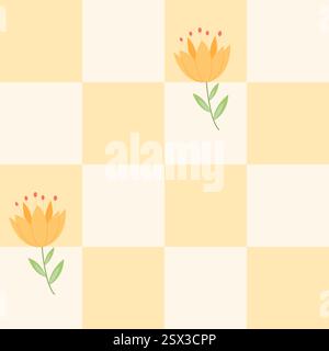 Grooviges nahtloses geometrisches Muster mit niedlicher handgezeichneter Frühlingsblume. Trendiges, nahtloses Karomuster im Retro-Stil. Stock Vektor