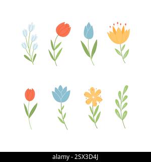 Sammlung von Frühling bunten Blume Elemente Vektor. Set Blume von Wildblume, Blattzweig, Laub auf weißem Hintergrund. Handgezeichnete Blüte Stock Vektor
