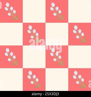 Nahtloses Muster mit handgezeichneten Frühlingsblumen auf kariertem Hintergrund. Niedlicher trendiger nahtloser Hintergrund. Stock Vektor