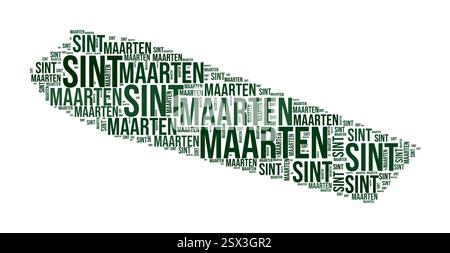 Sint Maarten Wortwolke. Länderform mit Gebietseinteilung. Bild im Typografie-Stil von Sint Maarten. Bereichsnamen kennzeichnen Wolken. Vektorabbildung. Stock Vektor