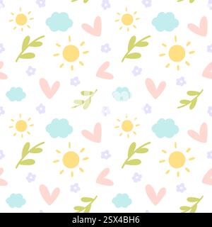 Niedliche Elemente nahtloses durchgehendes Blumenmuster, Tapete, Hintergrund, Heimtextildruck, nahtloses Muster, handgezeichnetes Muster. Stockfoto