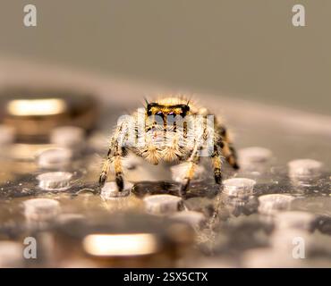 Ein Makro von Phidippus regius, der königlichen Spinnspinne, die ihren pelzigen Körper und die großen, reflektierenden Augen in atemberaubender Detailtreue präsentiert. Stockfoto