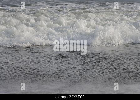 Schäumende weiße Wellen brechen im Winter am Sandstrand auf Stockfoto