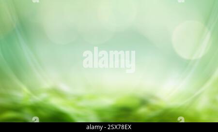 Sommerhintergrund aus Blau und Grün, verschwommenes Foilage und Himmel mit hellem Bokeh. Verschwommener abstrakter Sommerhintergrund. Natürliche grüne Blätter, die als Deckblatt verwendet werden Stockfoto