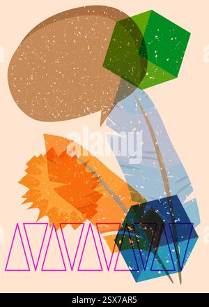 Risograph-Feder mit Sprechblase mit geometrischen Formen. Objekte in trendigem Riso-Grafik-Design mit Texturelementen. Stock Vektor