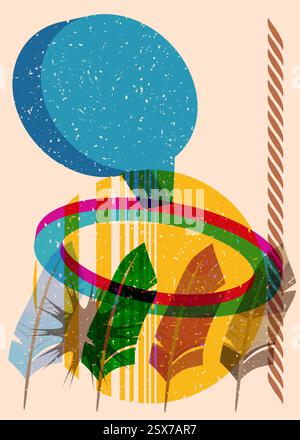 Risograph-Feder mit Sprechblase mit geometrischen Formen. Objekte in trendigem Riso-Grafik-Design mit Texturelementen. Stock Vektor