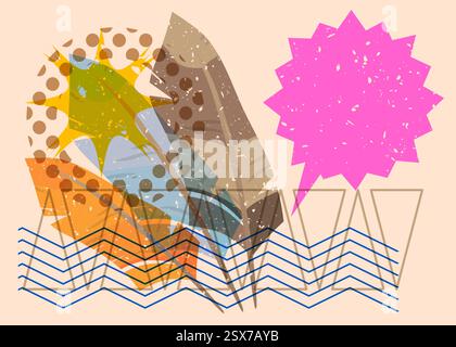 Risograph-Feder mit Sprechblase mit geometrischen Formen. Objekte in trendigem Riso-Grafik-Design mit Texturelementen. Stock Vektor
