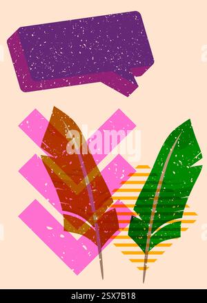 Risograph-Feder mit Sprechblase mit geometrischen Formen. Objekte in trendigem Riso-Grafik-Design mit Texturelementen. Stock Vektor