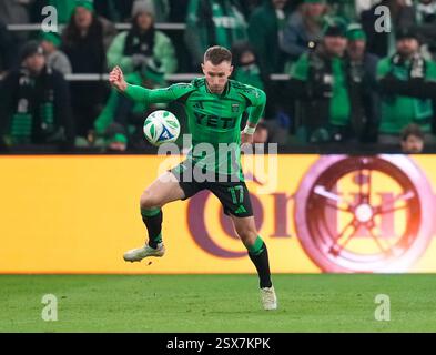 Austin, Texas, USA. Februar 2025. Austin FC Stürmer JON GALLAGHER (17) während der zweiten Hälfte eines Major League Soccer Matches zwischen Austin FC und Sporting Kansas City am 22. Februar 2025 in Austin, Texas. Austin FC gewann mit 1:0. (Kreditbild: © Scott Coleman/ZUMA Press Wire) NUR REDAKTIONELLE VERWENDUNG! Nicht für kommerzielle ZWECKE! Stockfoto