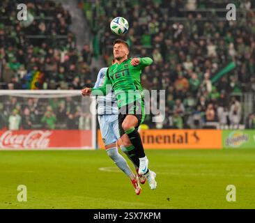 Austin, Texas, USA. Februar 2025. Austin FC Stürmer DIEGO RUBIO (21) leitet den Ball während der zweiten Hälfte eines Major League Soccer Matches zwischen Austin FC und Sporting Kansas City am 22. Februar 2025 in Austin, Texas. Austin FC gewann mit 1:0. (Kreditbild: © Scott Coleman/ZUMA Press Wire) NUR REDAKTIONELLE VERWENDUNG! Nicht für kommerzielle ZWECKE! Stockfoto