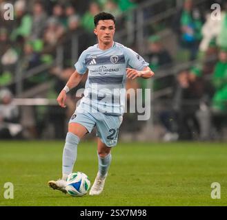Austin, Texas, USA. Februar 2025. Sporting Kansas City Mittelfeldspieler MANU GARCIA (21) während der zweiten Hälfte eines Major League Soccer Matches zwischen Austin FC und Sporting Kansas City am 22. Februar 2025 in Austin, Texas. Austin FC gewann mit 1:0. (Kreditbild: © Scott Coleman/ZUMA Press Wire) NUR REDAKTIONELLE VERWENDUNG! Nicht für kommerzielle ZWECKE! Stockfoto