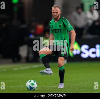 Austin, Texas, USA. Februar 2025. Austin FC-Verteidiger MIKKEL DESLER (3) während der ersten Hälfte eines Major League Soccer-Spiels zwischen Austin FC und Sporting Kansas City am 22. Februar 2025 in Austin, Texas. Austin FC gewann mit 1:0. (Kreditbild: © Scott Coleman/ZUMA Press Wire) NUR REDAKTIONELLE VERWENDUNG! Nicht für kommerzielle ZWECKE! Stockfoto