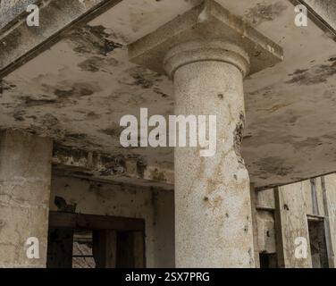 Cheorwon, Südkorea, 2. Februar 2019, Betonsäulen, die die Markise des Vordereingangs am Gebäude der nordkoreanischen Arbeiterpartei in der Gegend des Südens hochhalten Stockfoto