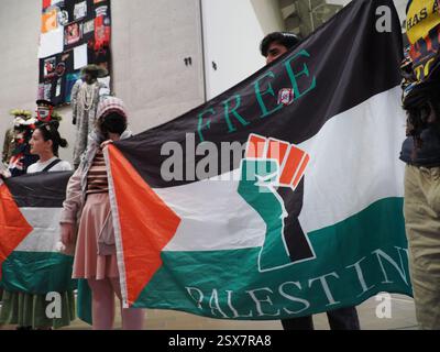 Canberra, Australien. Februar 2025. National Gallery of Austeralia (NGA). In der National Gallery of Australia (NGA) protestieren Sie gegen die Zensur von palästinensischen Flaggen auf einem indigenen Kunstwerk. Link zum Guardian-artikel: https://www.theguardian.com/australia-news/2025/feb/21/national-gallery-of-australia-says-it-covered-palestinian-flags-on-tapestry-after-security-assessment-ntwnfb Credit: Leo Bild/Alamy Live News Stockfoto