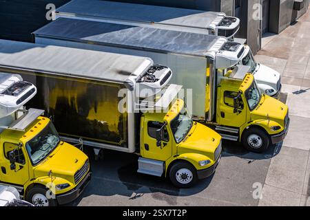 Weiße und gelbe mittelschwere kompakte Auflieger mit Tagfahrerhaus in Industriequalität und Kühlkastenanhängern stehen in Reihe auf dem Industrieparkplatz Stockfoto