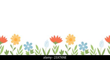 Nahtloses Blumenmuster. Niedliches horizontales Banner mit handgezeichneten Frühlingsblumen. Vektorillustration auf weißem Hintergrund Stock Vektor