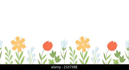 Horizontaler nahtloser Rand mit süßen Frühlingswildblumen. Botanischer Hintergrund in handgezeichneter flacher Form. Stock Vektor
