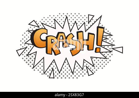 Lebendige Illustration im Comic-Stil mit dem Wort Crash in auffälligen orangefarbenen Buchstaben. Umgeben von dynamischen Linien und Halbtonpunkten, die Action einfangen Stock Vektor